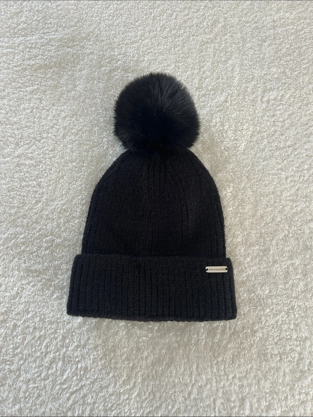 Steve Madden Black Pom-Pom Knit Beanie
